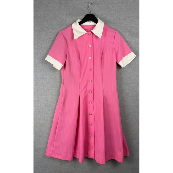 Vintage Dresses & Skirts - Vintage Pink Pinstripe Mod Shirt Dress White Collar Contrast Mini Retro 60s 70s